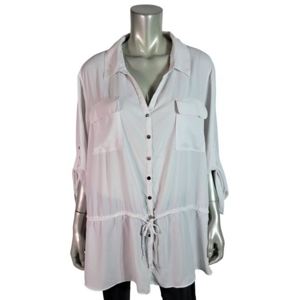 Lane Bryant Top Plus Size 26/28 Pockets Drawstring Roll Tab Sleeve White‎